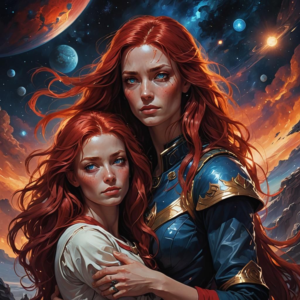 female has very long red hair, blue eyes,and wearing red clo...