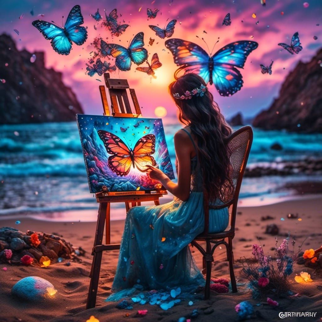 Woman Painting Butterflies on Beach in Graffiti Art Style