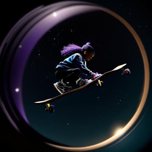 Child on Skateboard in Night Sky Oil Painting