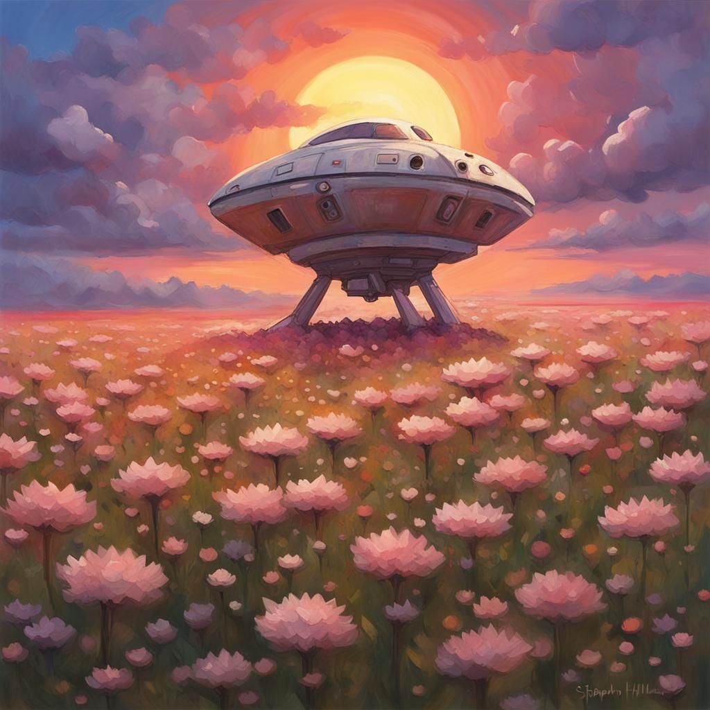 Spaceship in Flower Field at Sunset