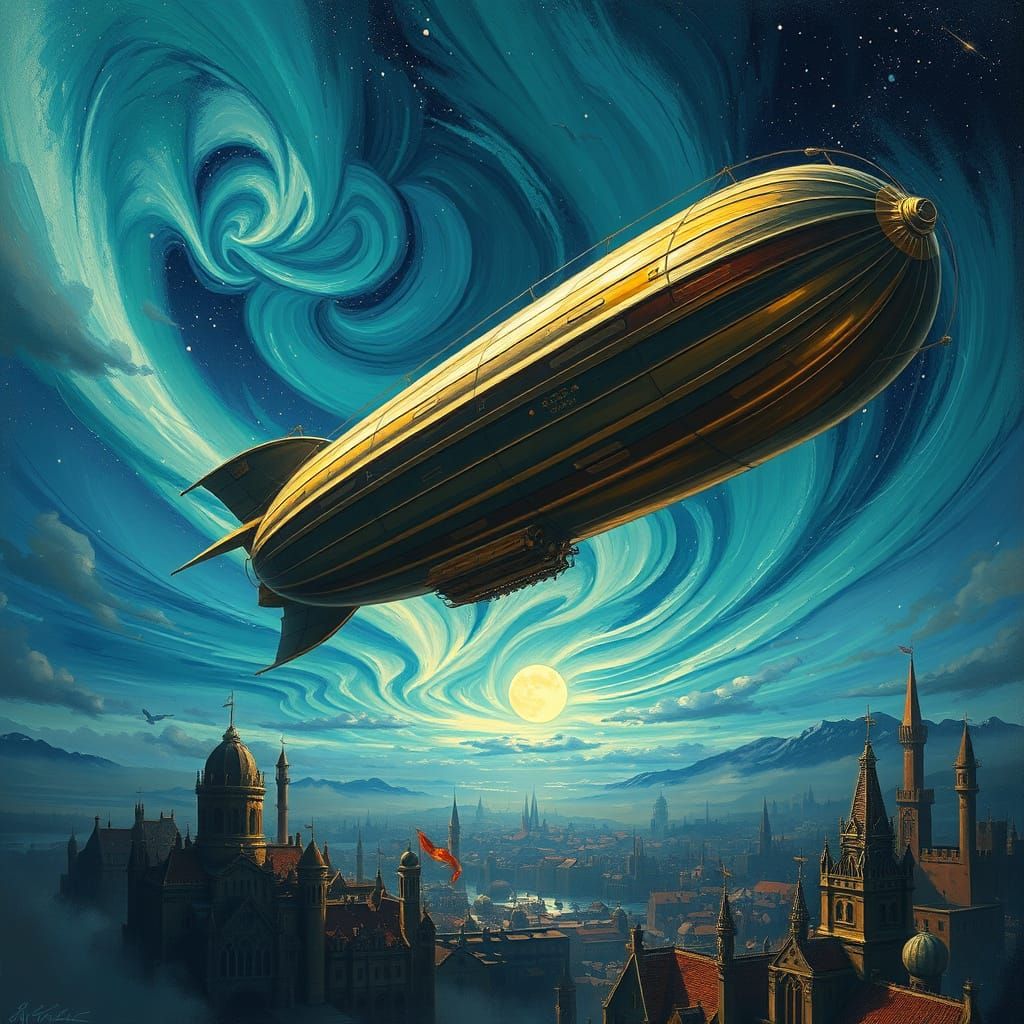 Steampunk Dirigible Over Medieval City in Aurora Sky