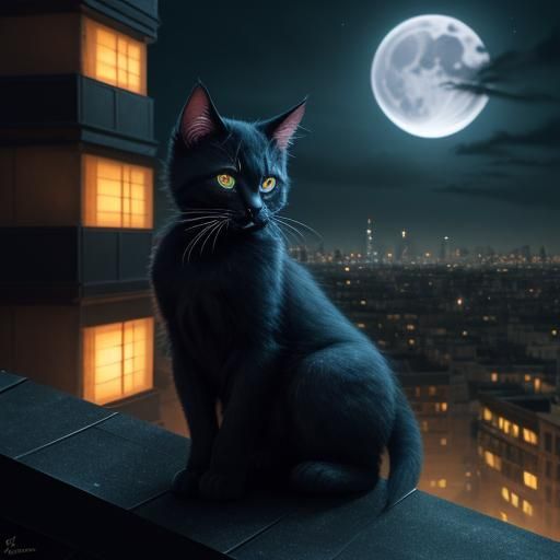Ninja Kitten on Rooftop at Night