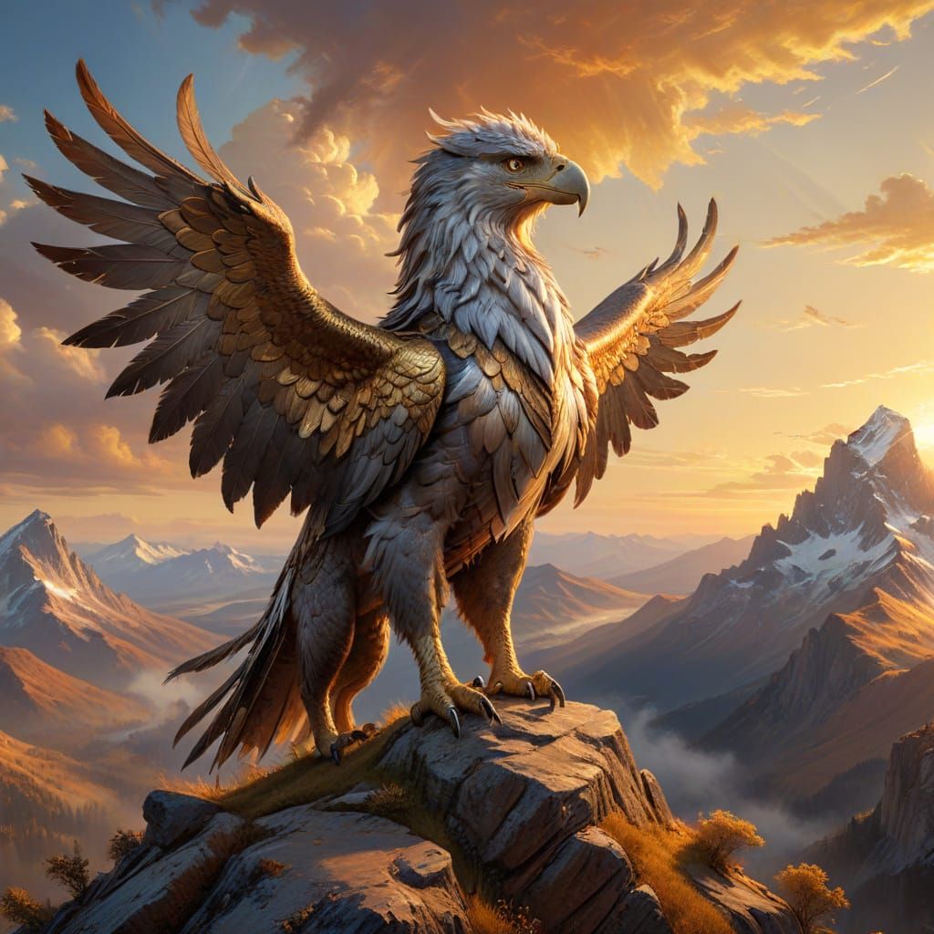 Griffin on Mountain Peak in Classic Fantasy Style