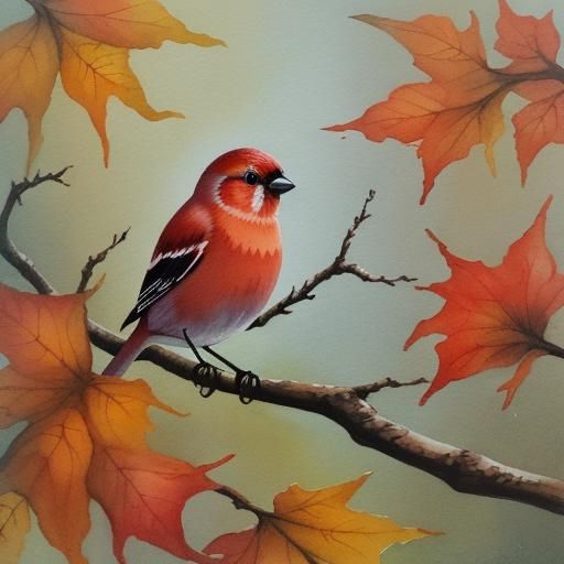 Baby Finch in Autumn Forest: Gouache Painting