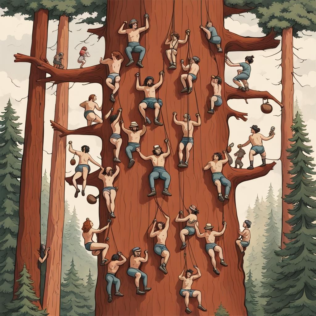 A small group of men and women in underwear with mustaches are high up on a redwood tree. They are climbing the beige re...