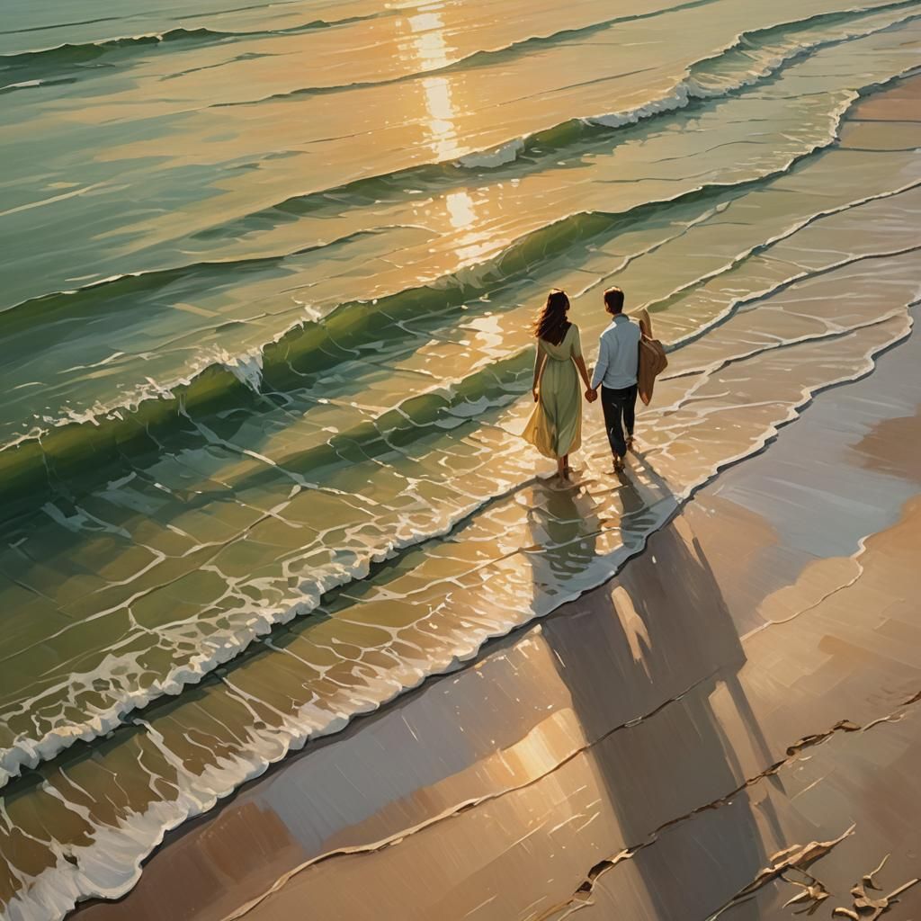 Romantic Couple at Sunset: Ethereal Oil Painting