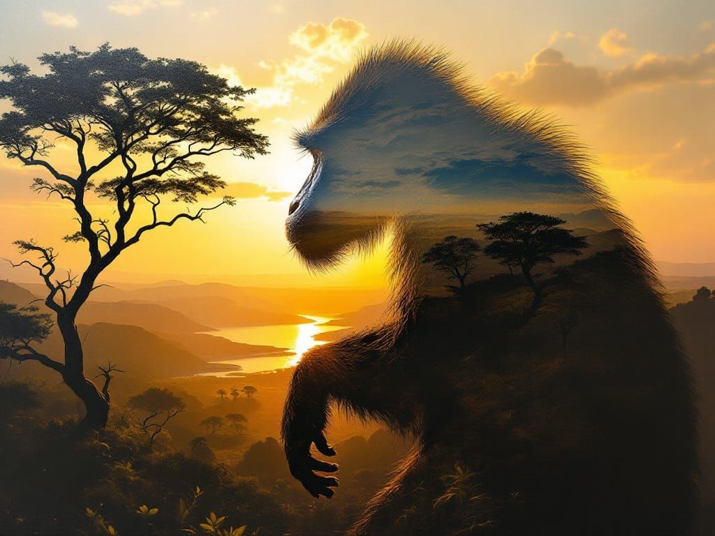 Surreal Double Exposure Landscape with Bonobo in Golden Hour