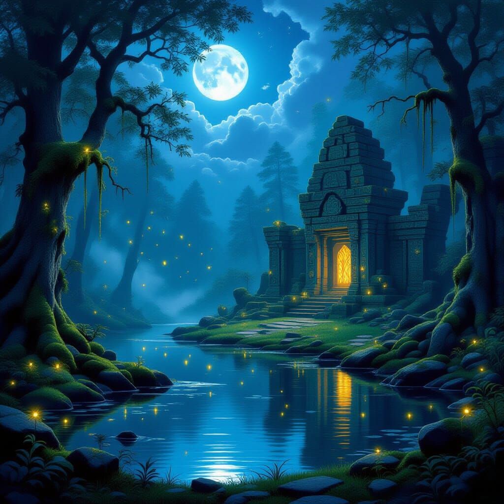 Moonlit Forest Ruins with Glowing Runes and Ethereal Firefli...