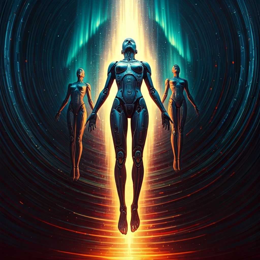 Futuristic Synthetic Humans Ascend Into Cosmic Void