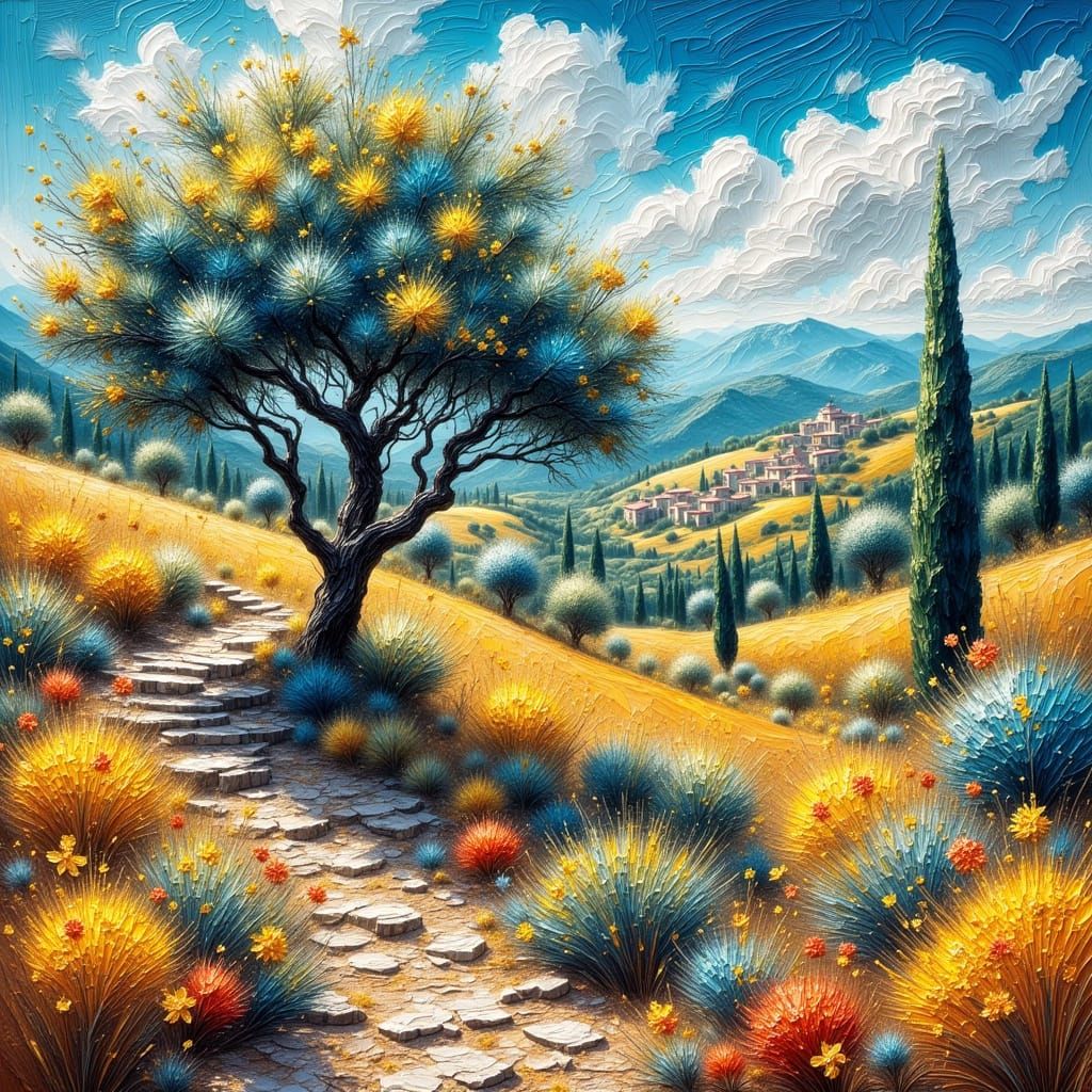 Mediterranean Hillside with Olive Trees in Vivid Impasto Sty...