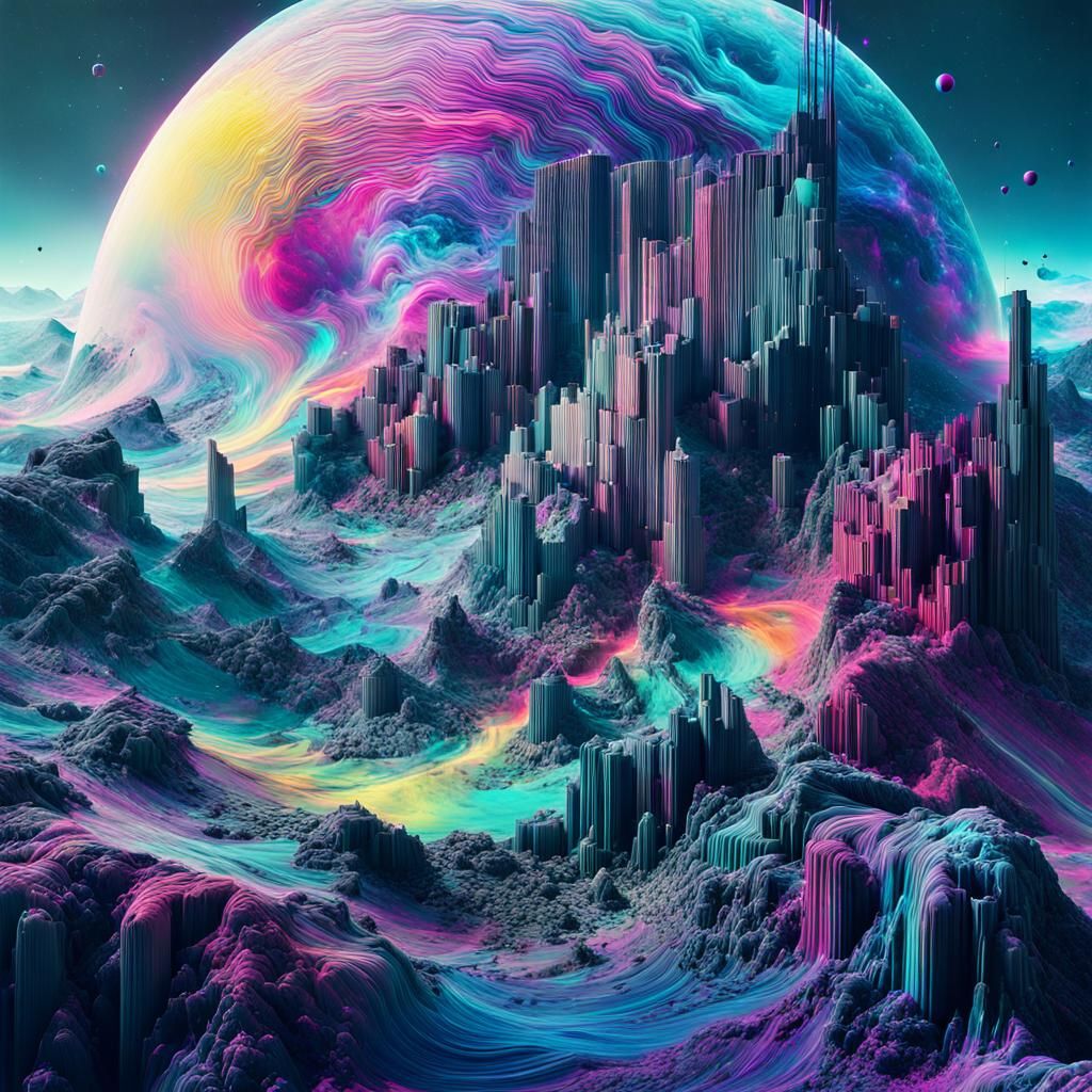 Vibrant Glitch-Art Landscape with Cosmic Nebula