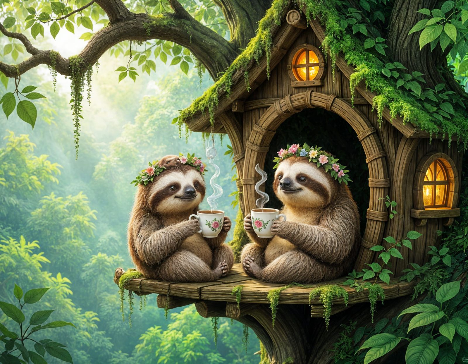 Whimsical Sloths Enjoy Tea in Ancient Treehouse