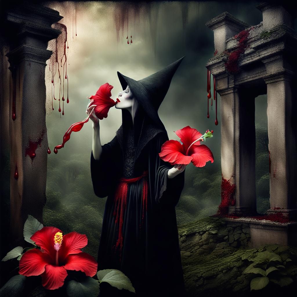 Sinister Witch Kissing a Hibiscus Flower