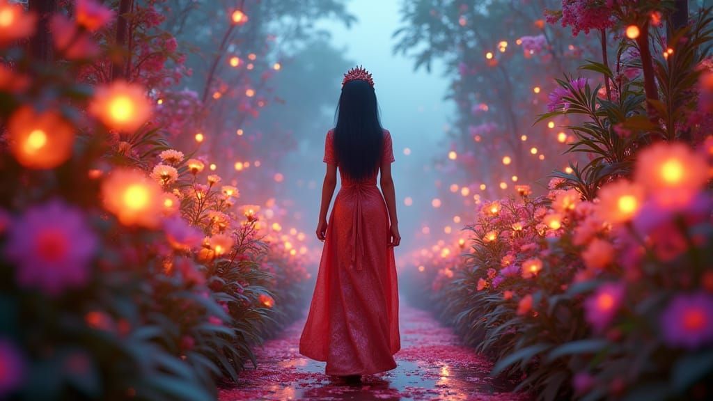 Burmese Princess in Vibrant Neon Garden, 8K Anime Style