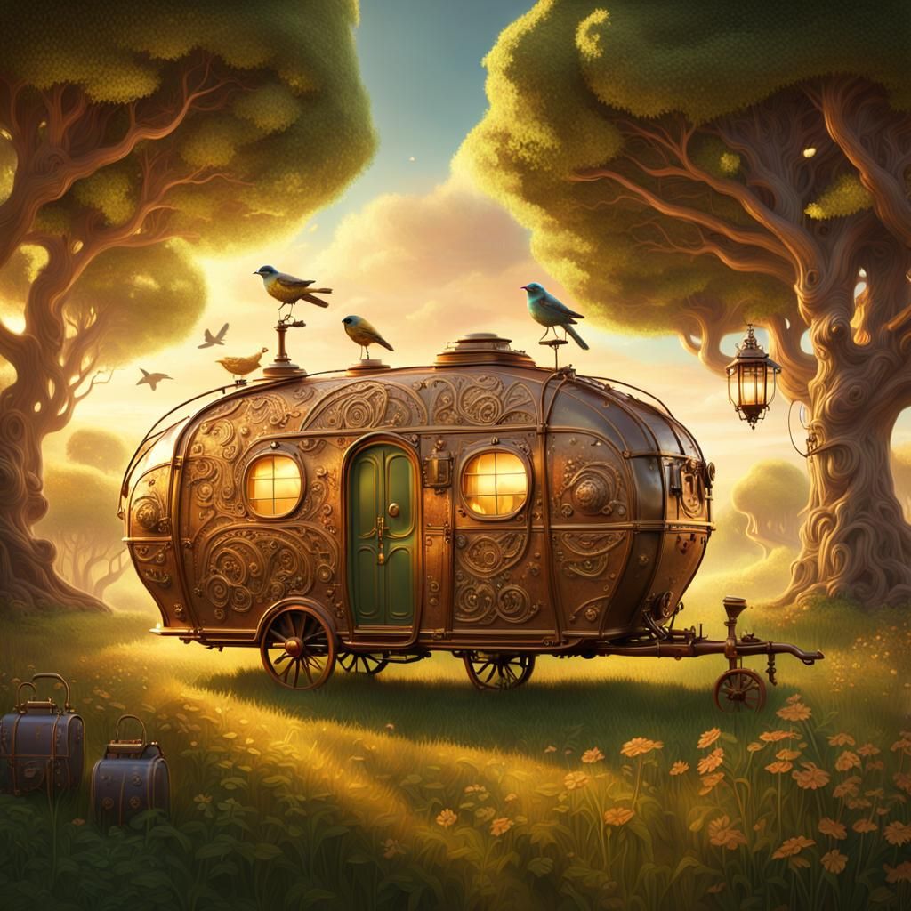 Steampunk Caravan in Lush Meadow: Fantasy Concept Art