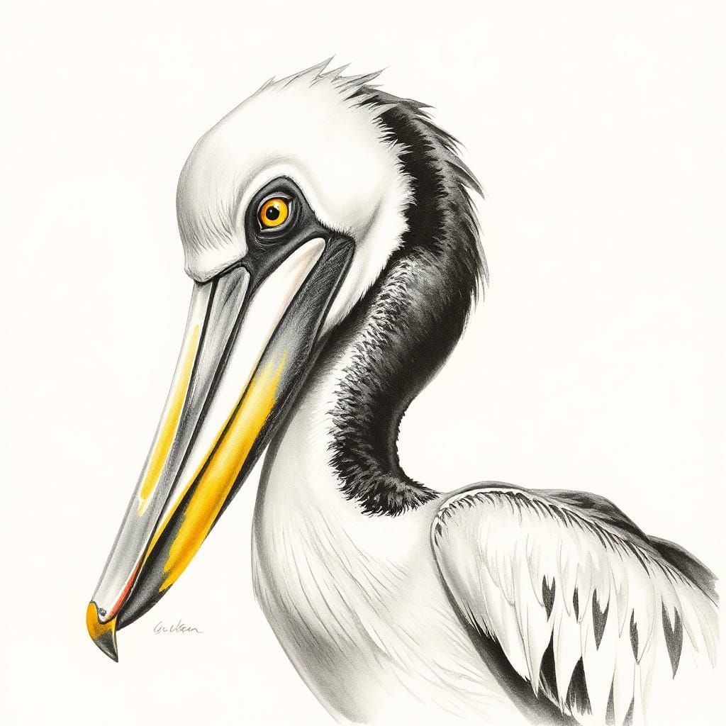 Pelican in Charcoal Aquarelle Lithograph Style