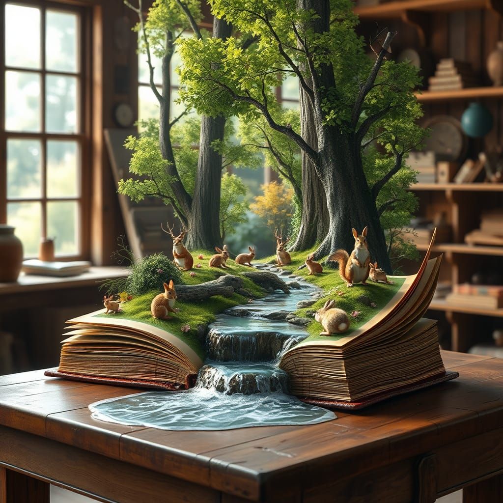 Whimsical Forest Scene in a Leather-Bound Book