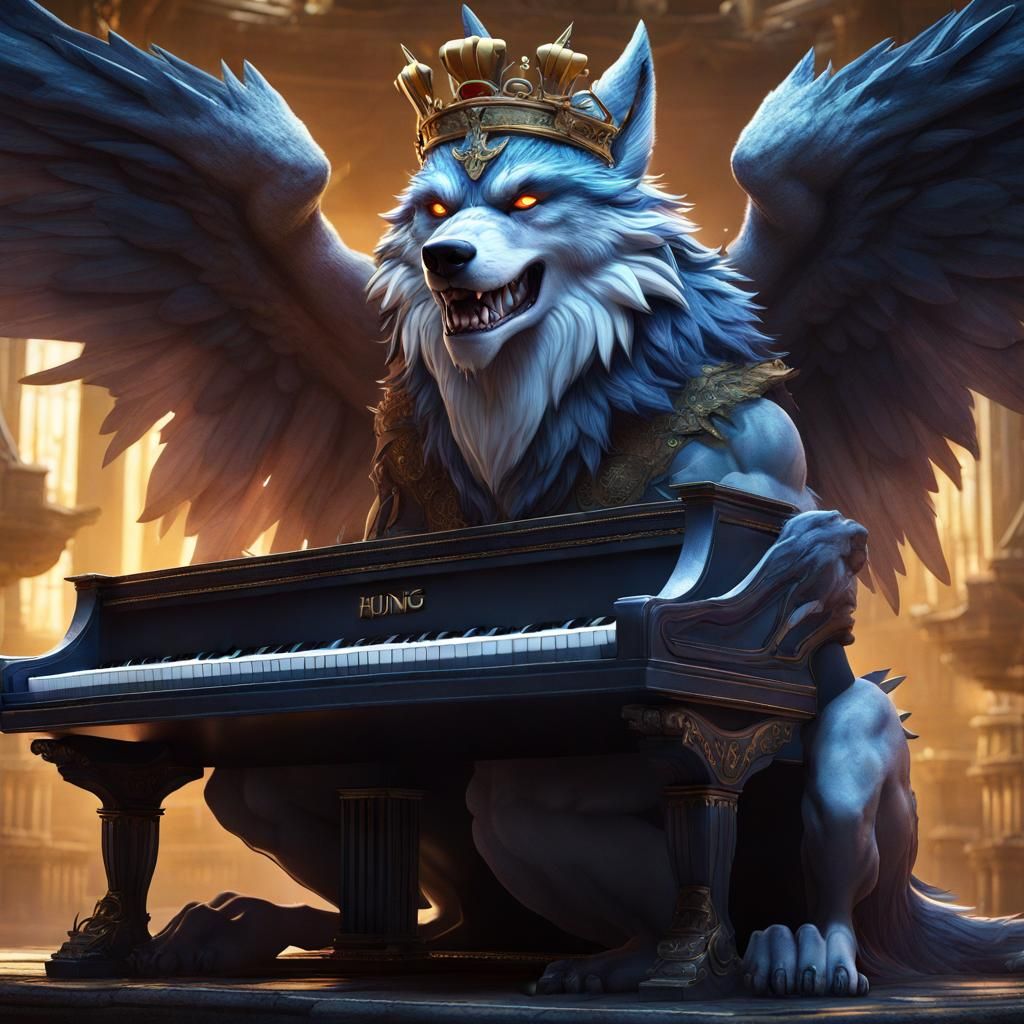 Winged Wolf King Plays Piano: Fantasy Art