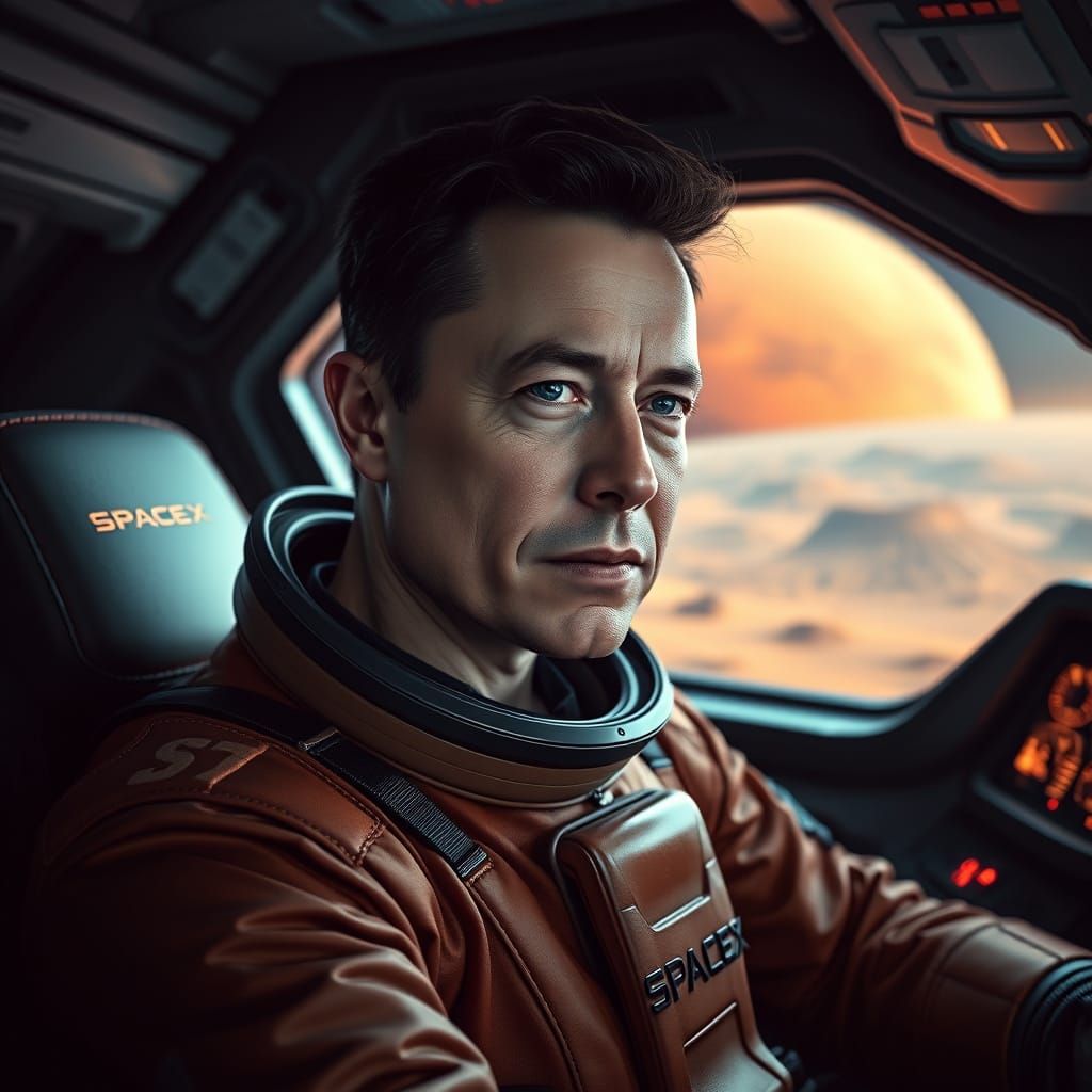 Elon Musk in Spacesuit, Futuristic Cockpit on Mars