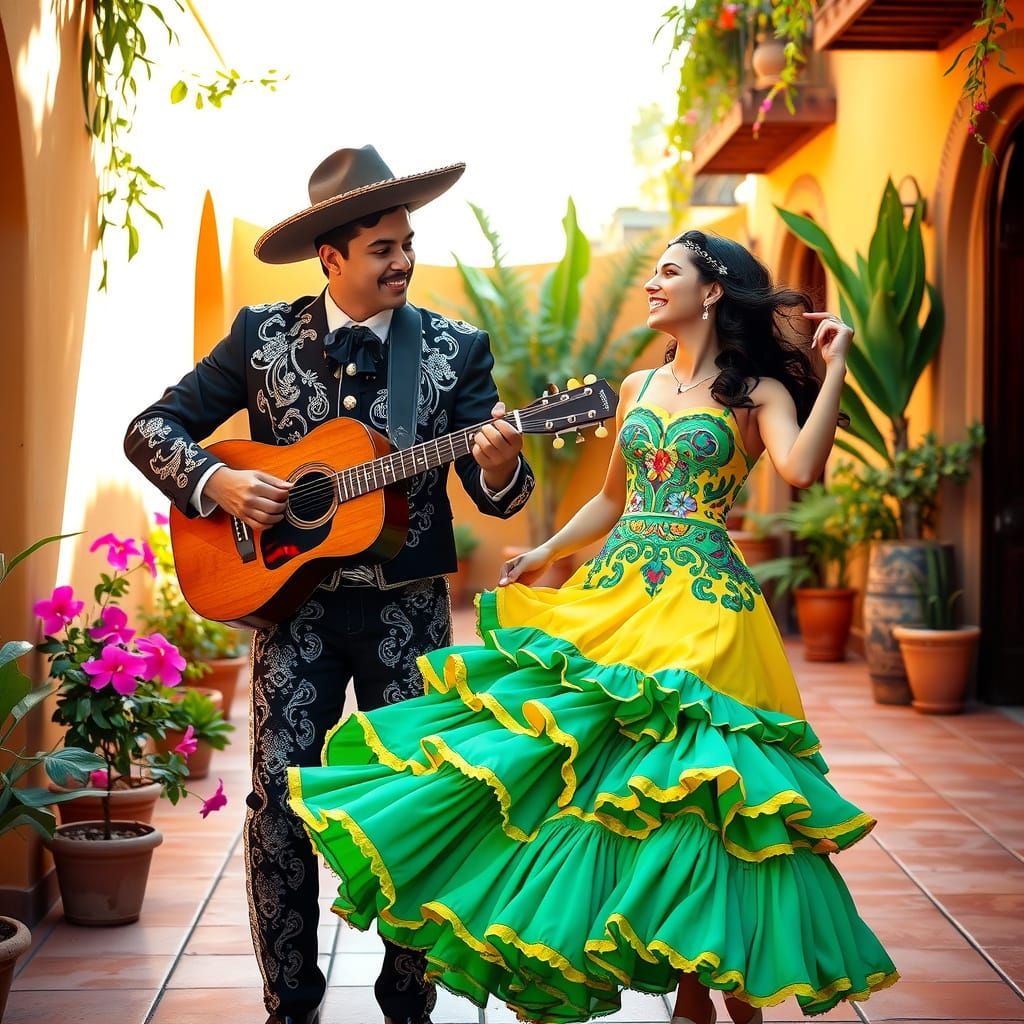 Hispanic Mariachi in Traditional Black Charro Suit Plays Gui...