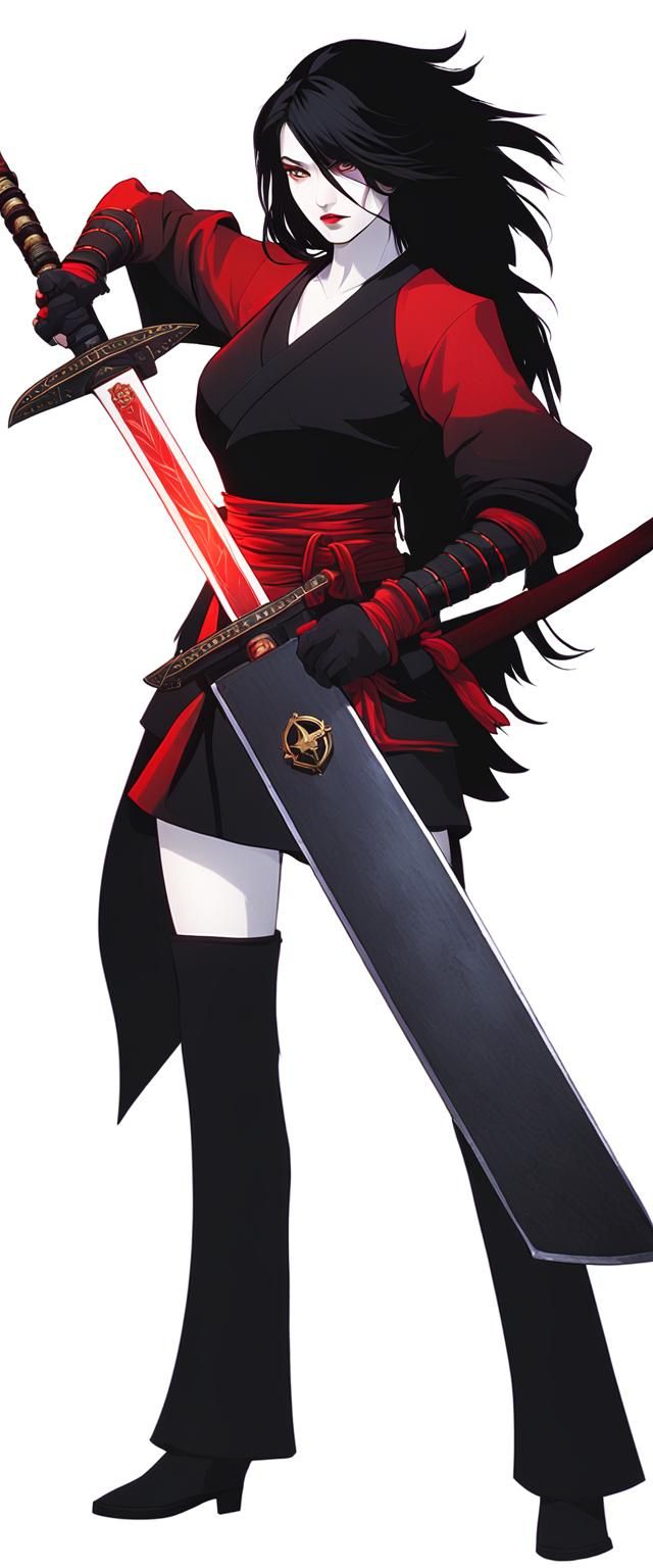 Raven Branwin from rwby, a tall black-haired woman with pale skin and a red-bladed katana