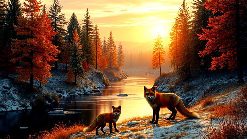 Fox Family in Photorealistic Autumn-Winter Sunrise