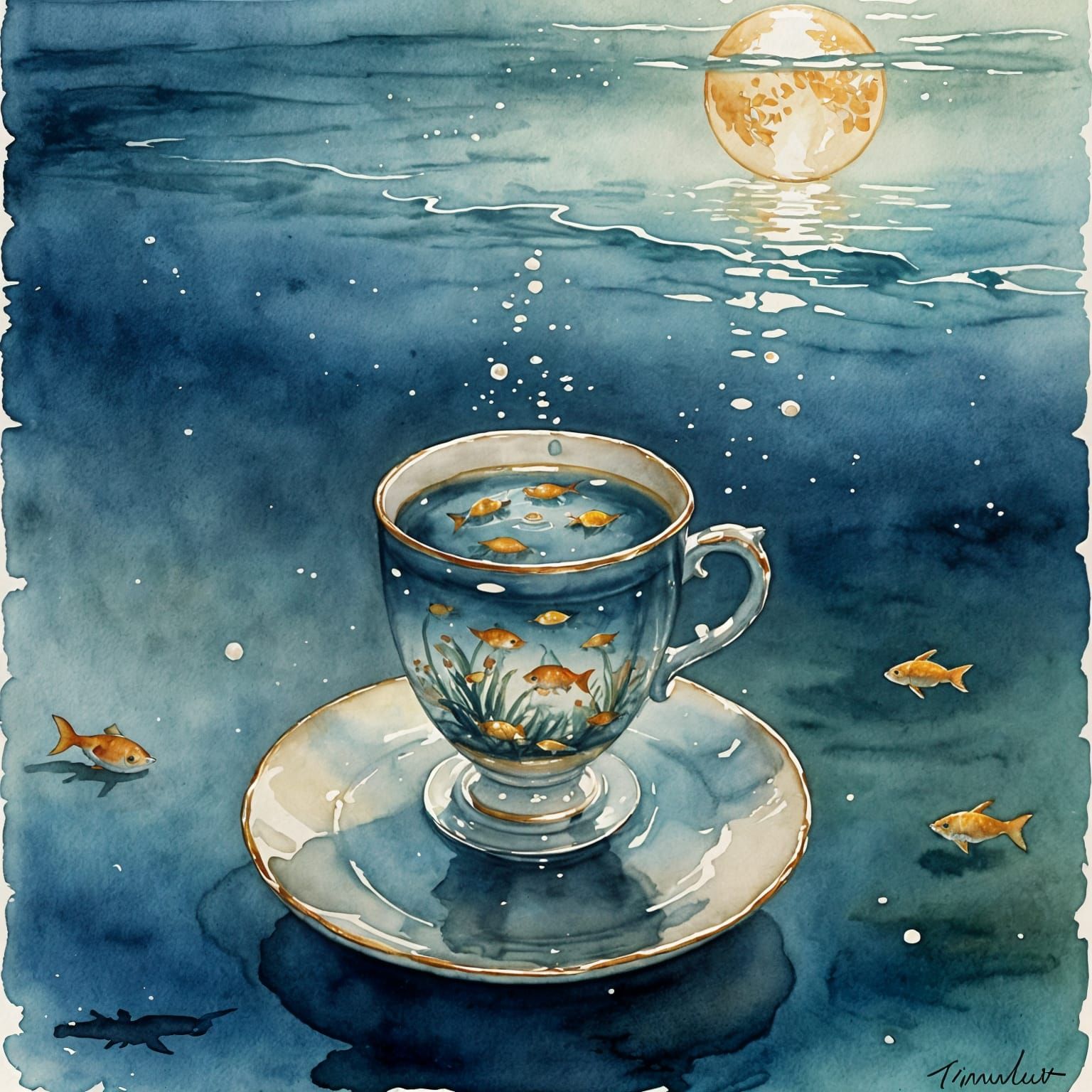 Teacup Floating on Tranquil Ocean: Watercolor Seascape