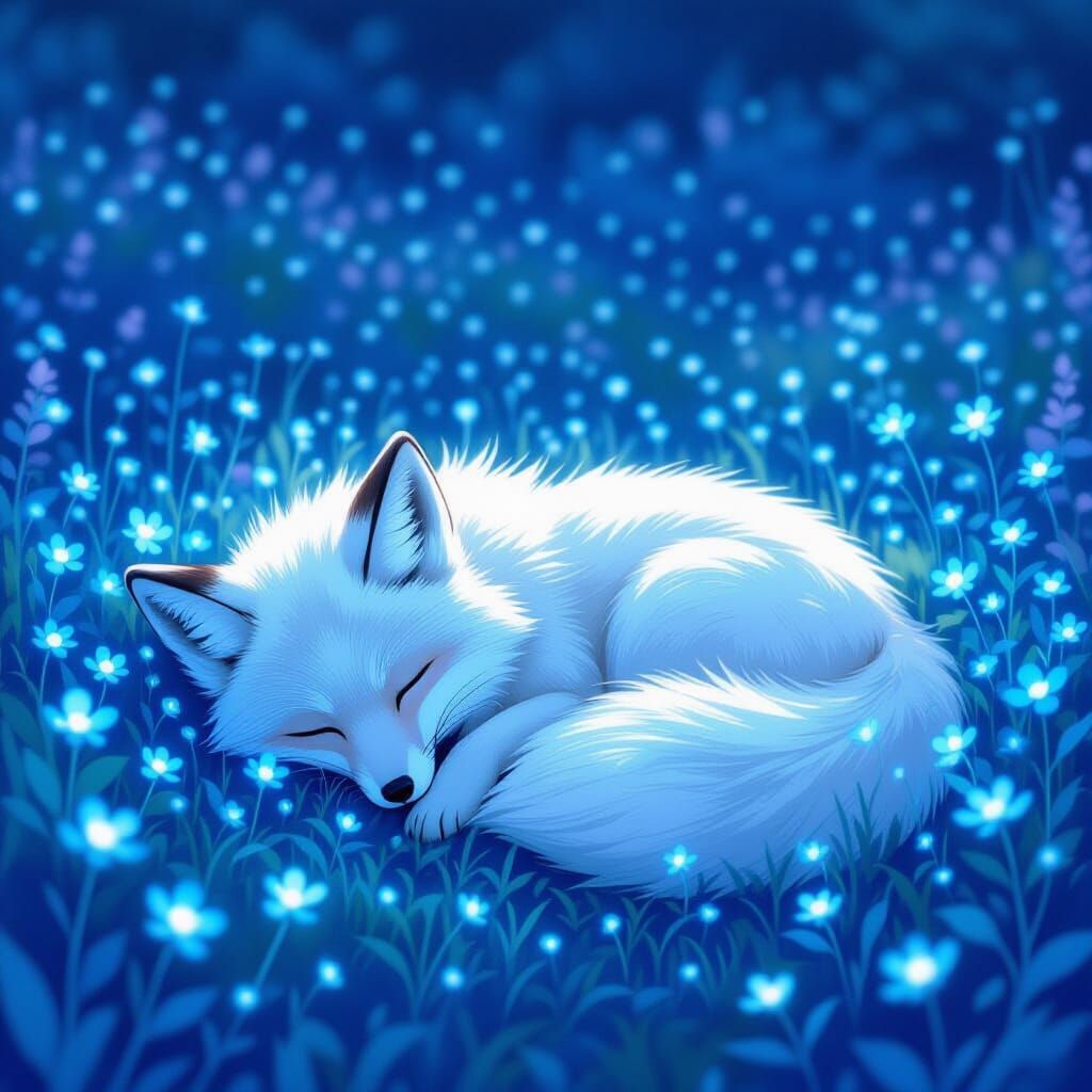 Bioluminescent Arctic Fox Asleep in Ghibli-esque Field