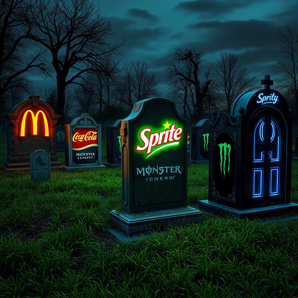 Neon Adverts Replace Epitaphs in Surreal Cemetery