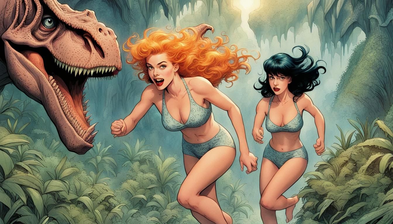 Cavewoman Betty and Veronica Running From Dinosaur