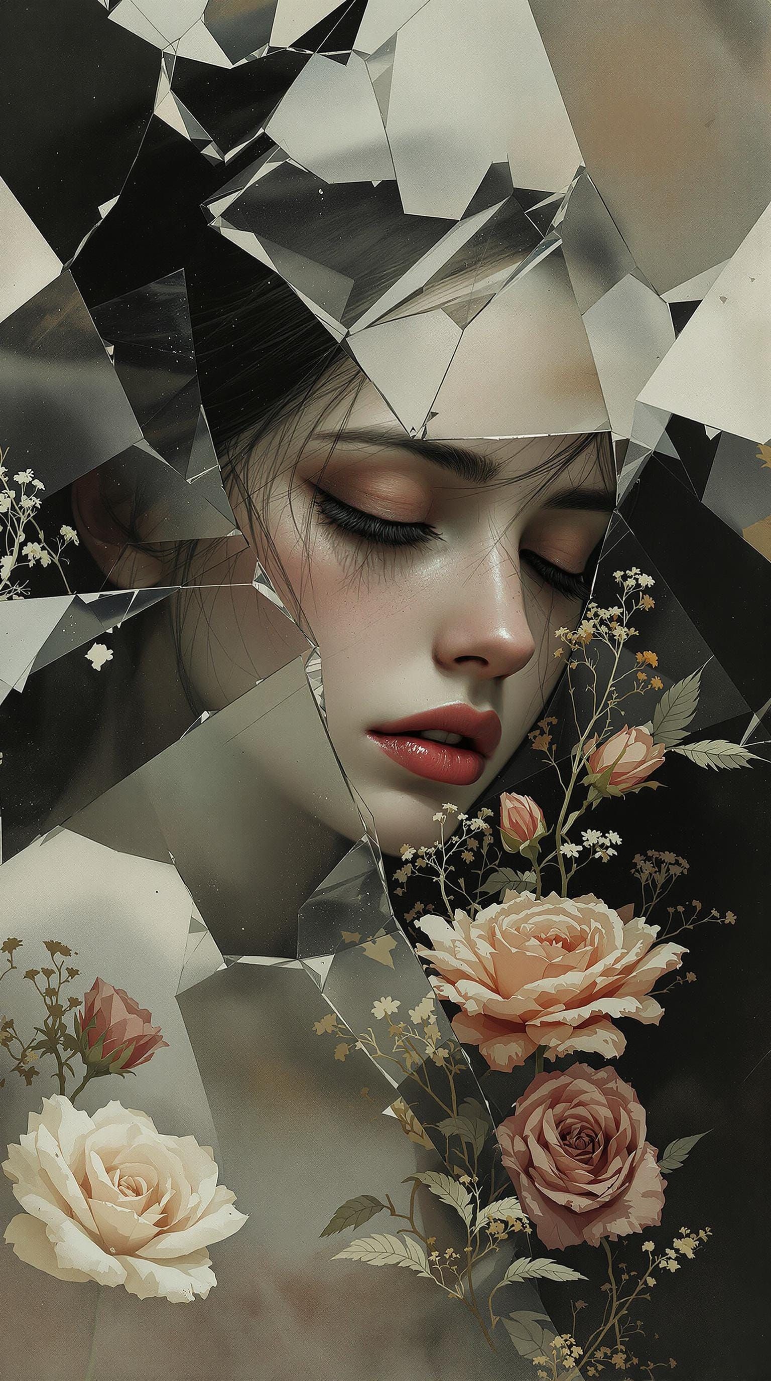 Melancholic Woman in Shattered Glass, Expressive Illustratio...