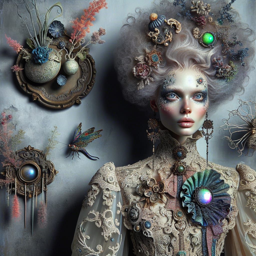 Hyper-Realistic Surreal Portrait with Ornate Vintage Dress