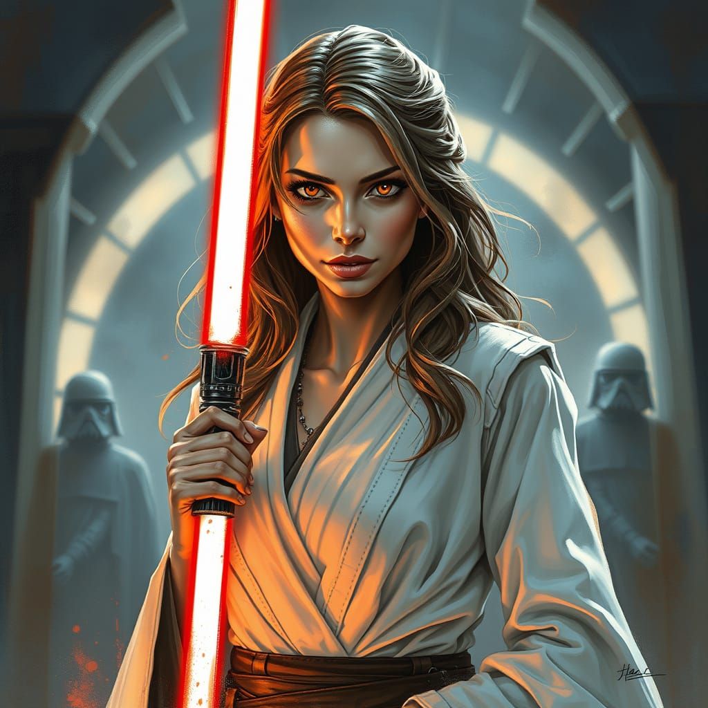 Gorgeous Female Jedi with Lightsaber in Expressive Digital A...
