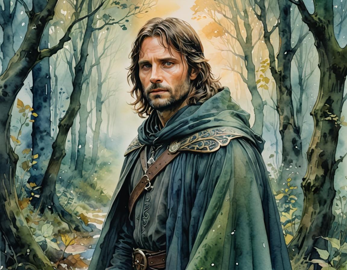 Aragorn Portrait in Watercolor Fantasy Style