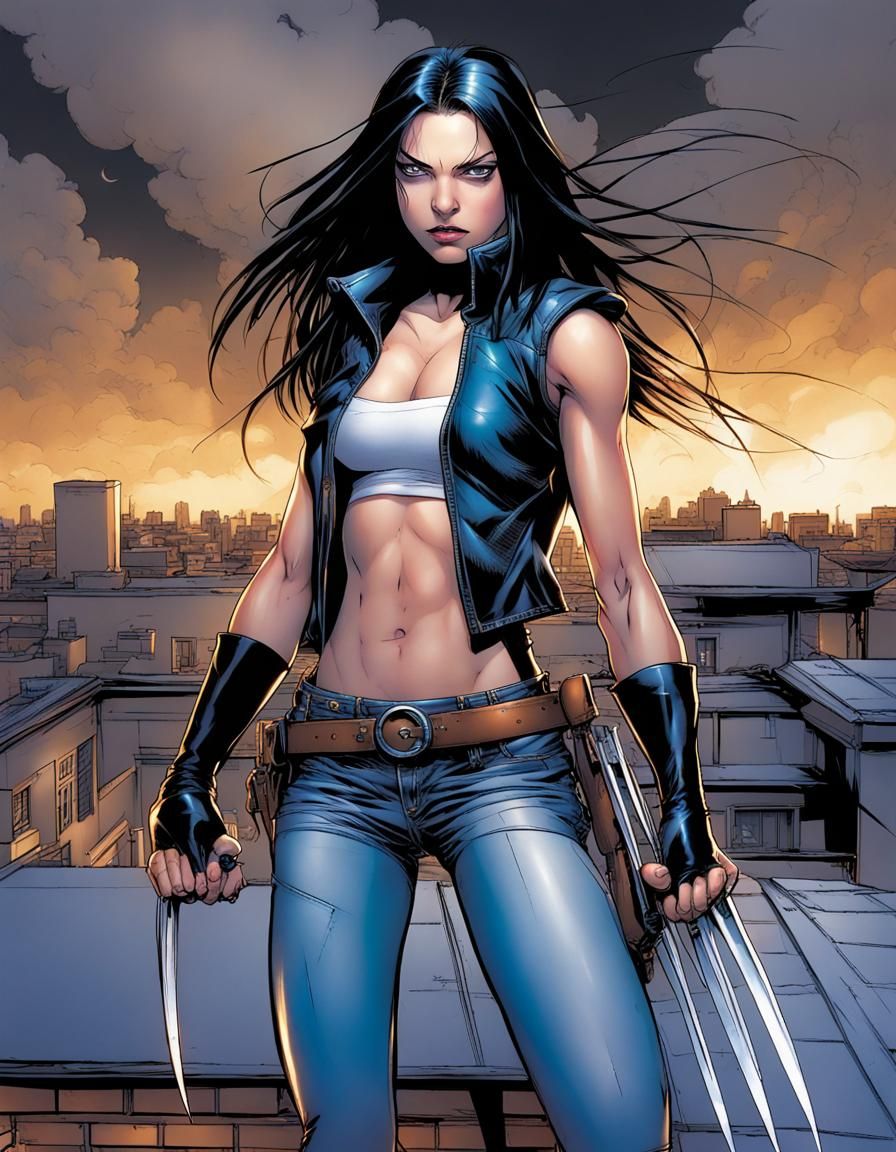 X-23 on Rooftop at Night in Comic Book Style