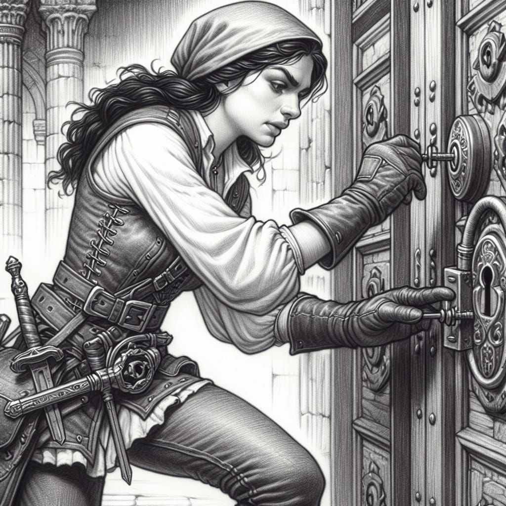 Thief Lockpicking Door: Detailed Pencil Sketch