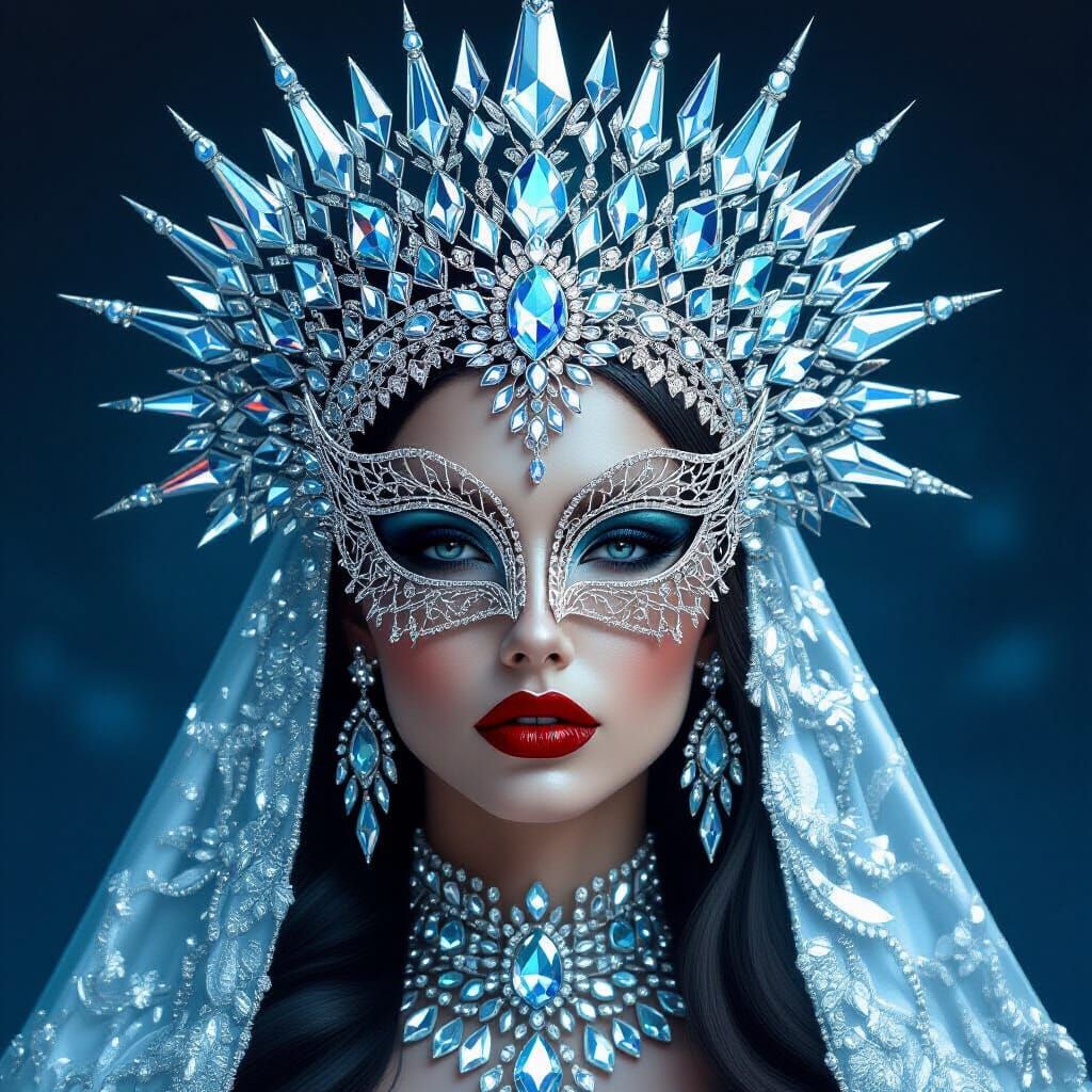 Woman in Jeweled Headdress and Geometric Crystal Mask