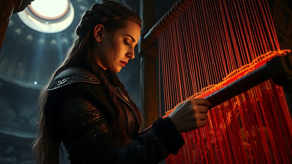 Valkyrie Skuld Weaving Fate in Stone Temple