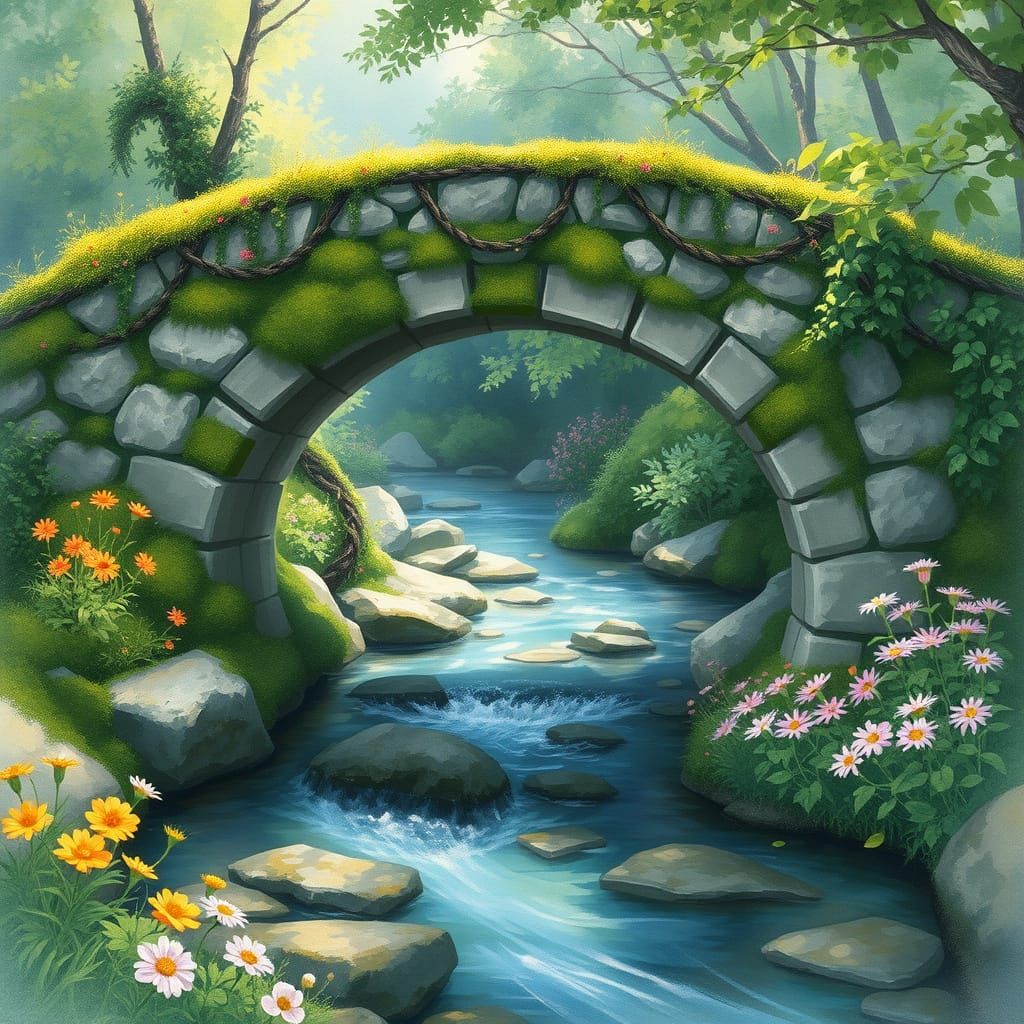 Mossy Stone Bridge in Ghibli-Inspired Watercolor