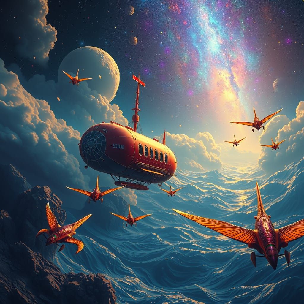 Celestial Airships in Iridescent Skies: Matte Painting
