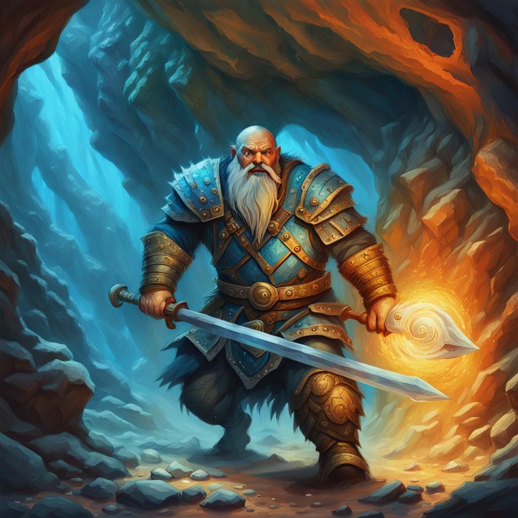 Armored Dwarf Warrior in Cavern, Fantasy Art