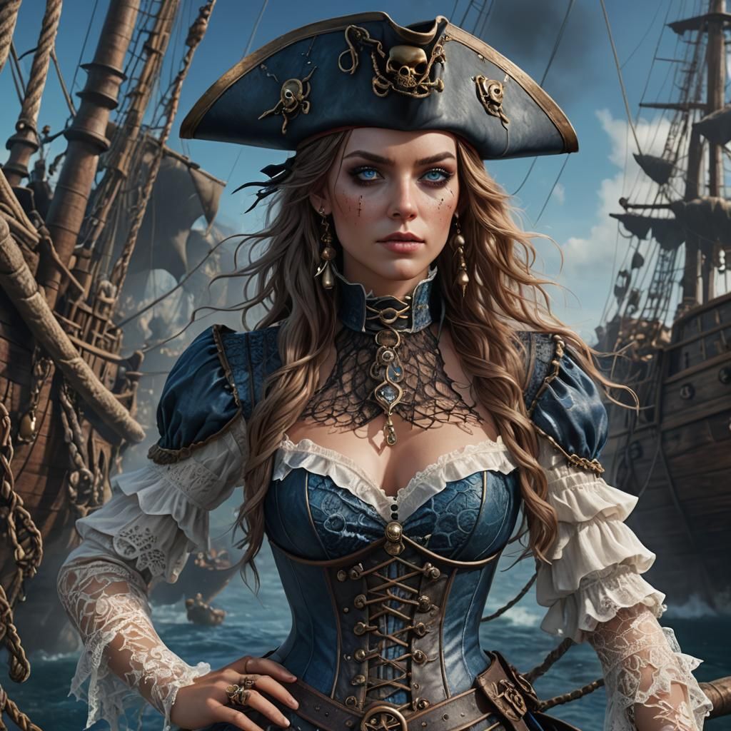 Female Pirate in Fishnet Catsuit: Detailed Matte Painting