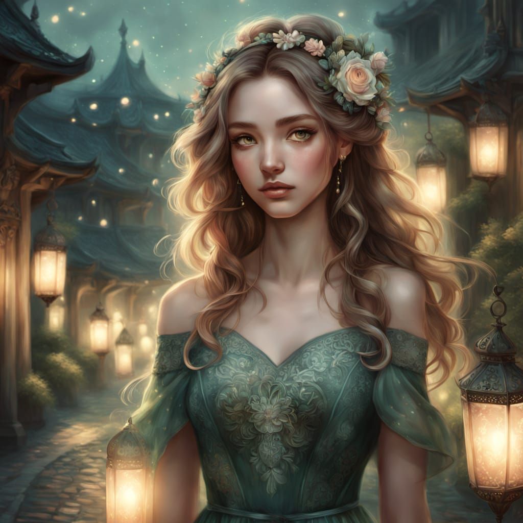 Young Woman Gazing with Expressive Eyes in Dreamy Fantasy Ar...