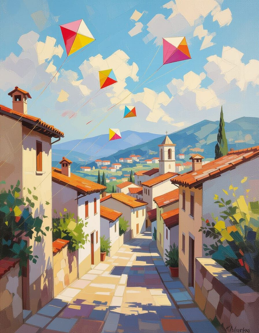 Kites Over Village: Impressionistic Dreamscape Painting