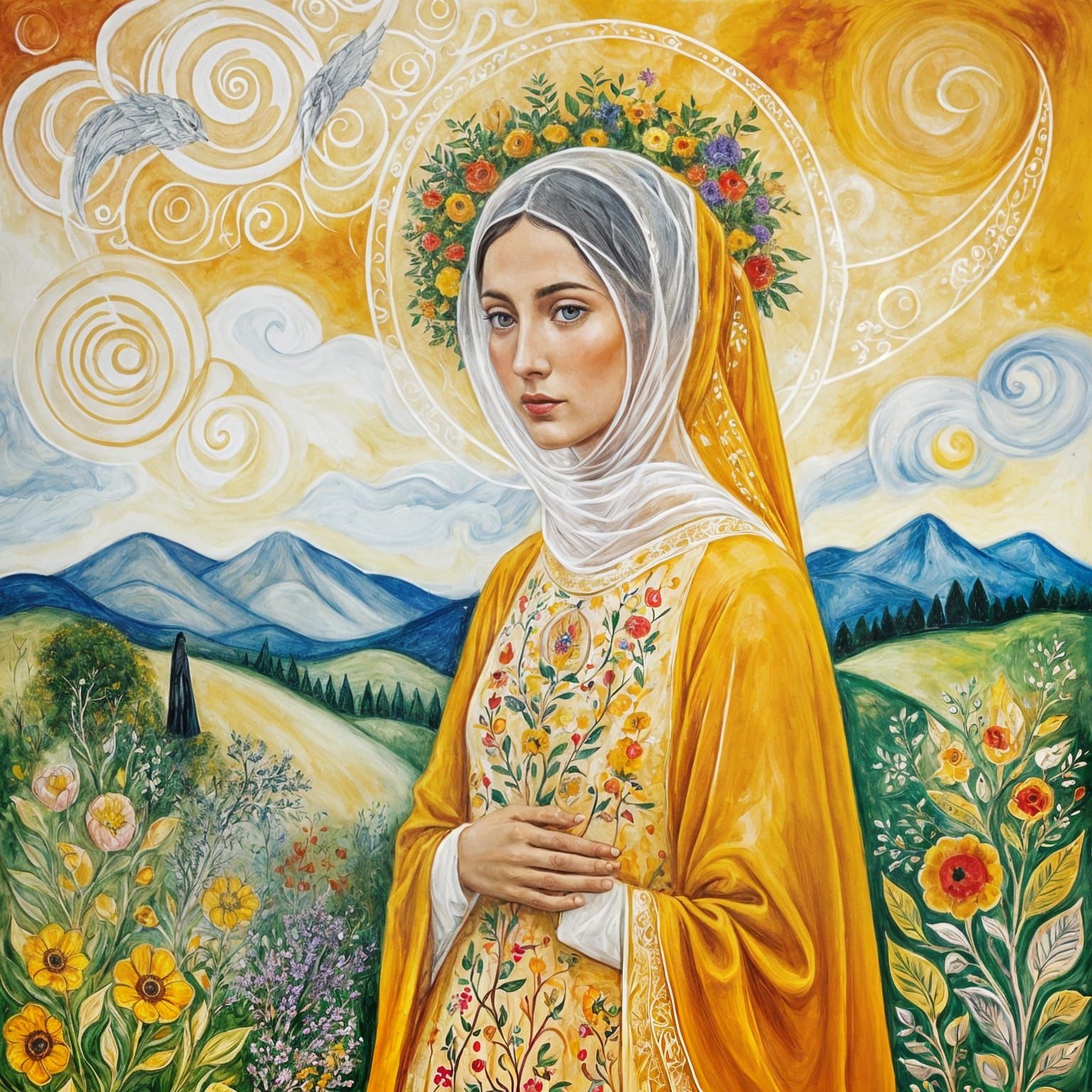 Black Madonna with Amber Eyes in Stained-Glass Style