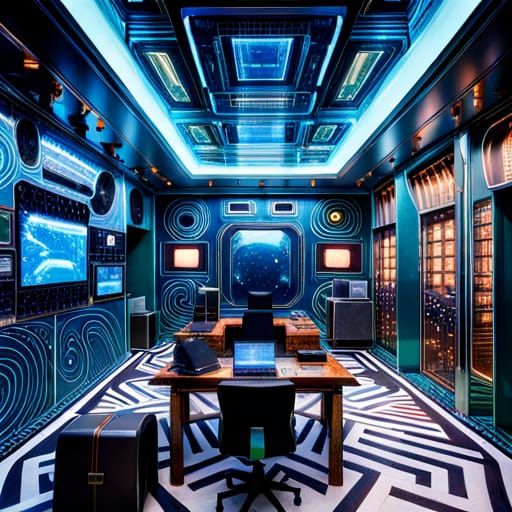 Futuristic Office with Electronic Panels, Detailed Digital A...