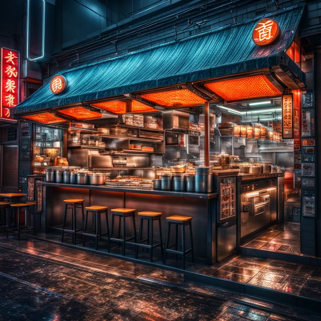 Hyperrealistic Futuristic Ramen Shop in HDR