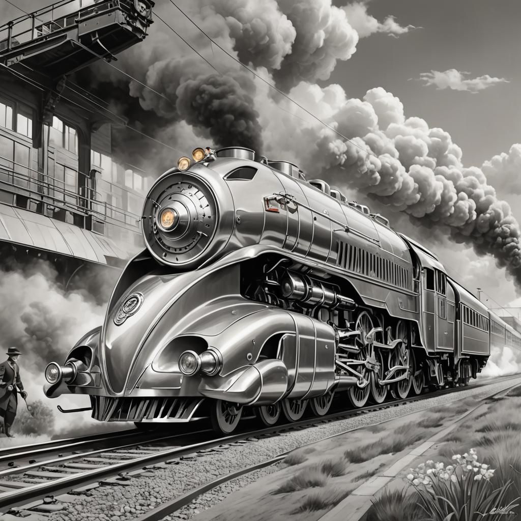 Art Deco Steam Train in Silver Streamliner Style