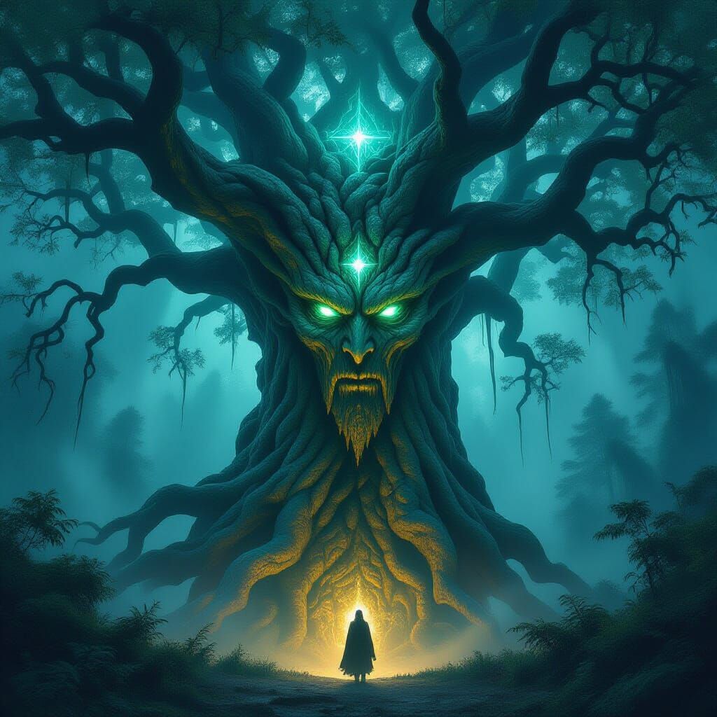 Ancient Tree Spirit with Starlight Eyes in Surreal Forest