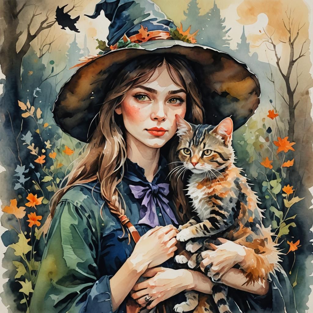 Young Witch and Cute Cat Gouache Painting